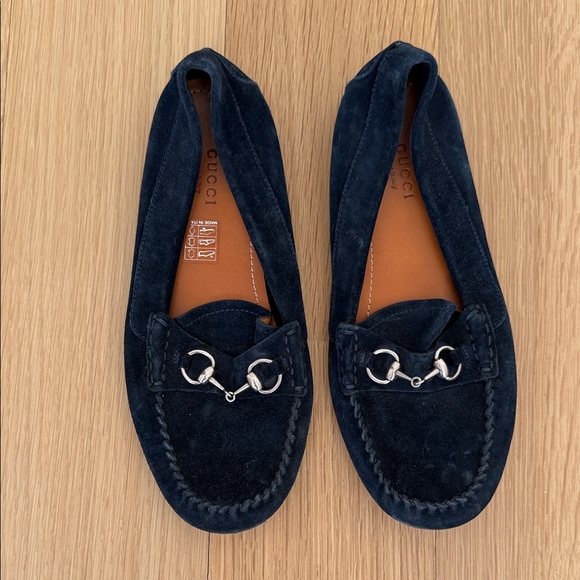 Gucci Dark Blue Suede Loafers with Silver Hardware 37.5